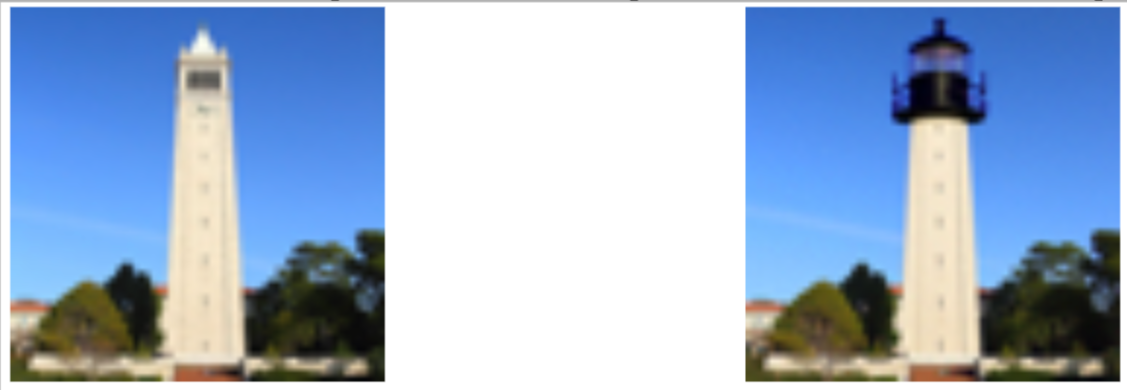 Campanile processed input, mask, and inpainted result