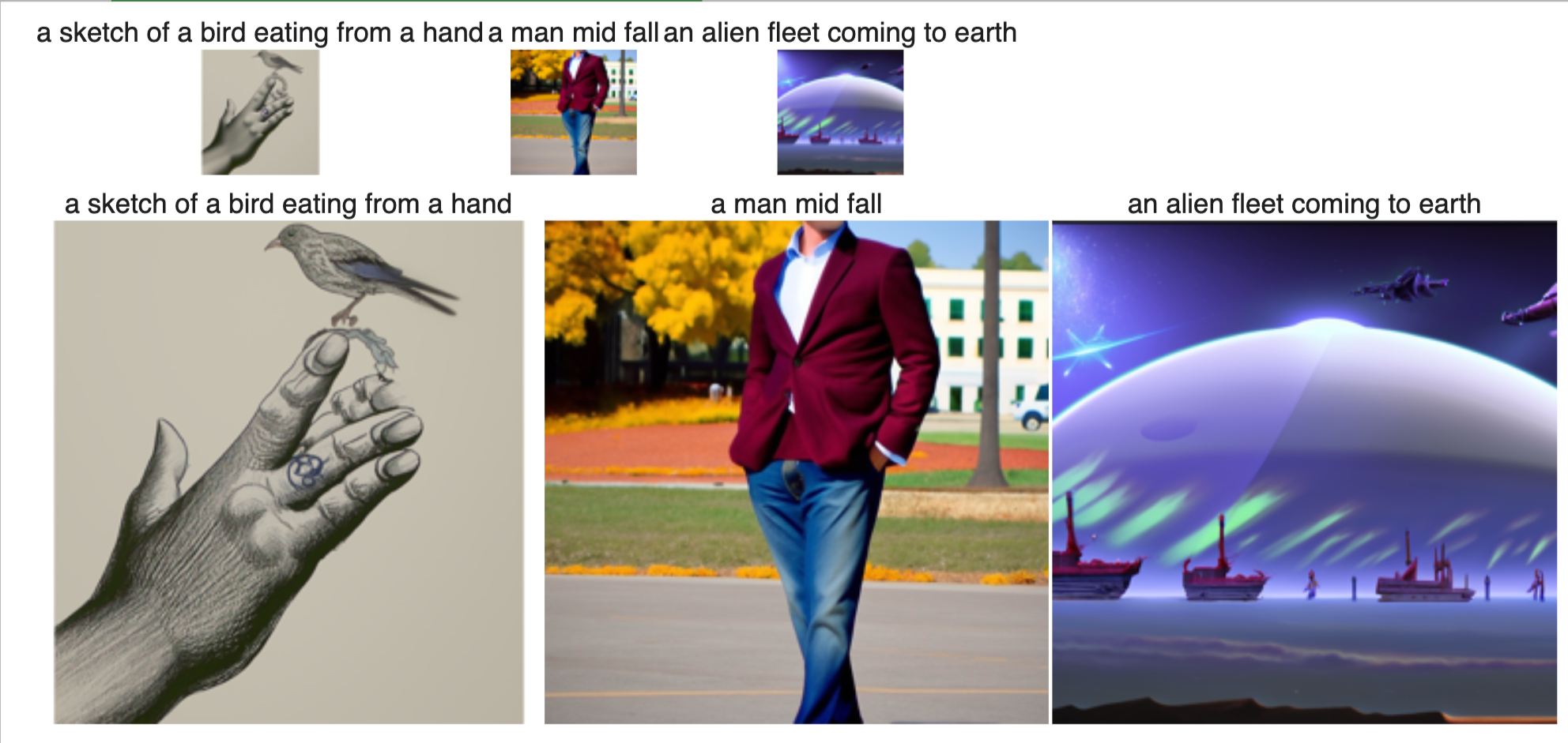 Initial samples for three prompts